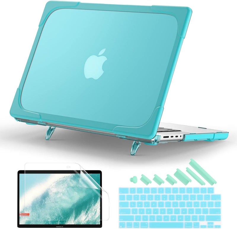 Batianda Heavy Duty Case for New MacBook Pro 14 Inch 2025 M5 M4 M3 M2 Pro/Max Chip- Ergonomic Foldable Kickstand (Holds 22lbs/Zero Wobble) Matte Translucent Rugged Armor Cover with Spare Parts, Cyan - Image 1